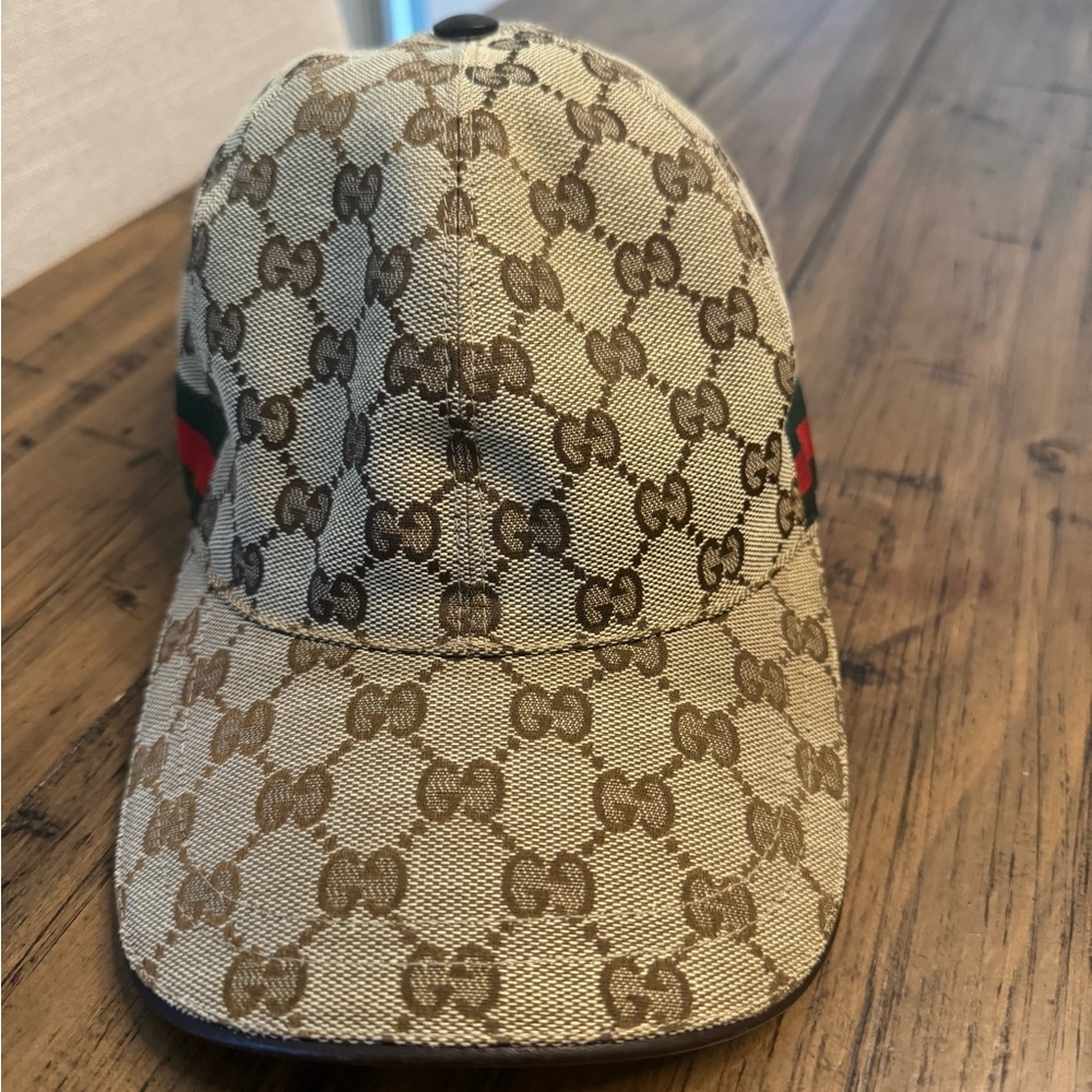 Gucci Beige Brown Monogram GG Canvas Baseball Cap with Red & Green Web